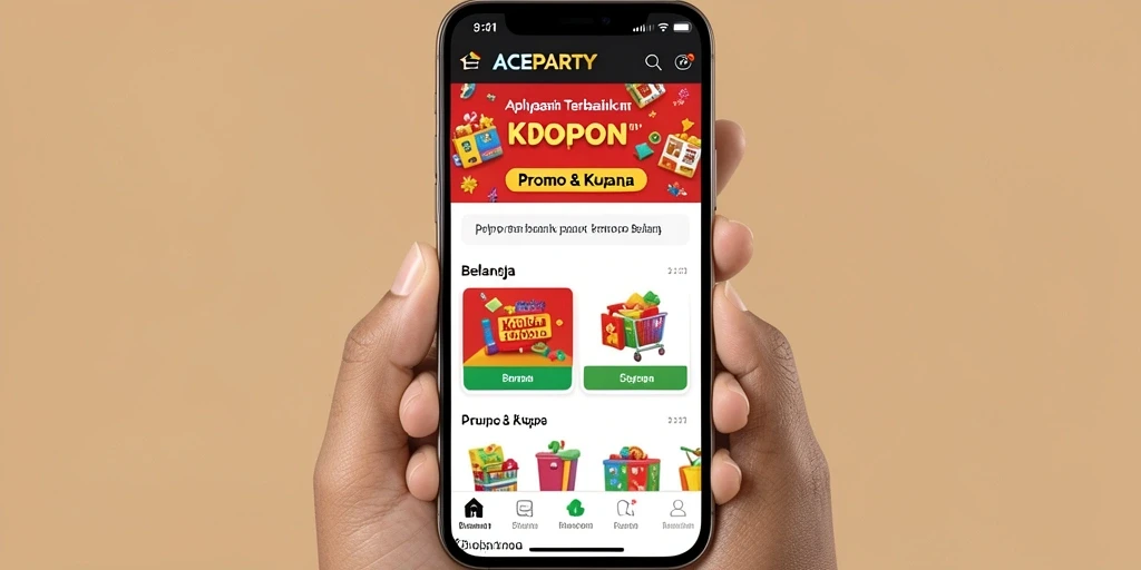 Tampilan antarmuka aplikasi ACEPARTY dengan berbagai pilihan promo dan kupon.